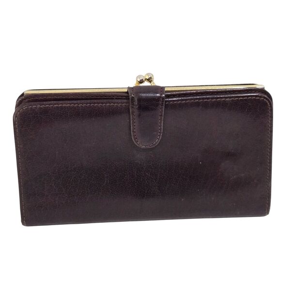 Vintage COACH Leather Dark Brown Checkbook Wallet Kiss Lock Card Holder 7" Long - Picture 1 of 7